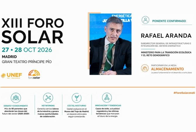 Rafael Aranda confirma su participación en el XIII Foro Solar para analizar los retos regulatorios del almacenamiento energético